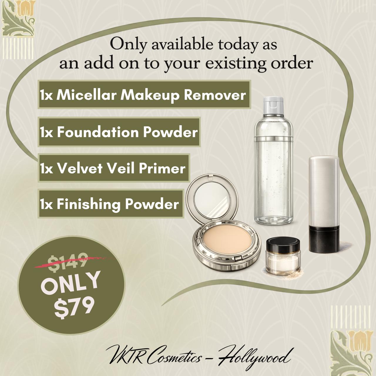 Micellar Water, Base, Finishing Powder, Mineral Foundation Powder
